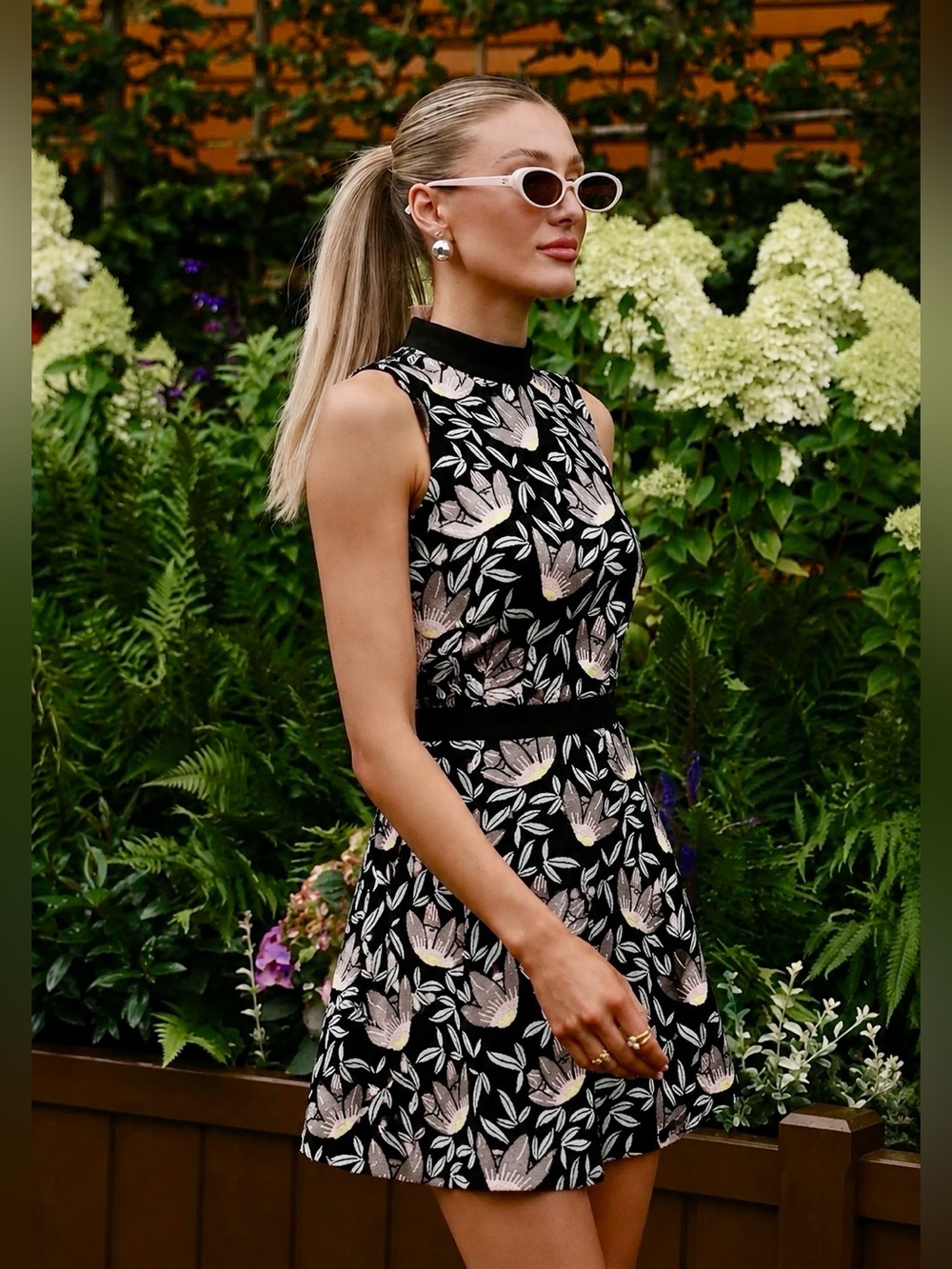 SELF PORTRAIT Floral Print Crew Neck Waisted Band Mini A Line Dress